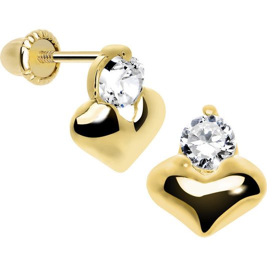 14K Yellow Gold Heart Clear CZ Youth Screwback Earrings