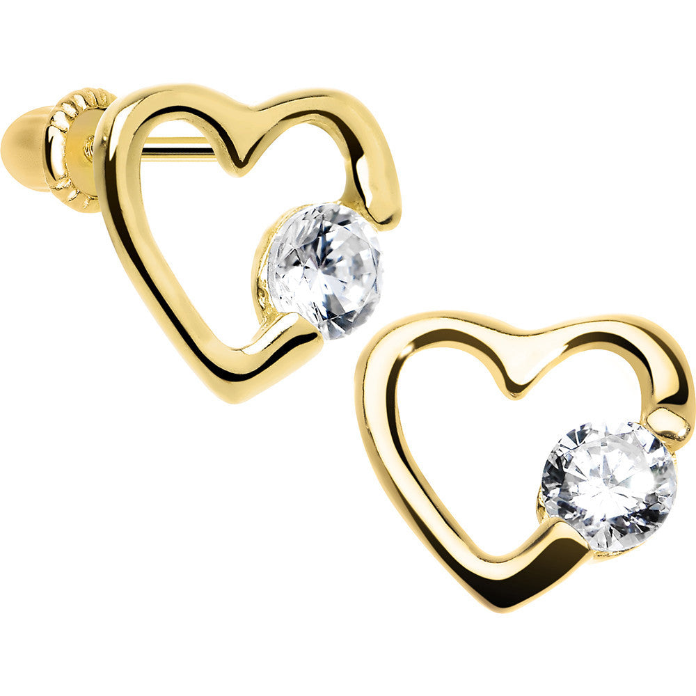 14K Yellow Gold  Hollow Heart CZ Youth Screwback Earrings