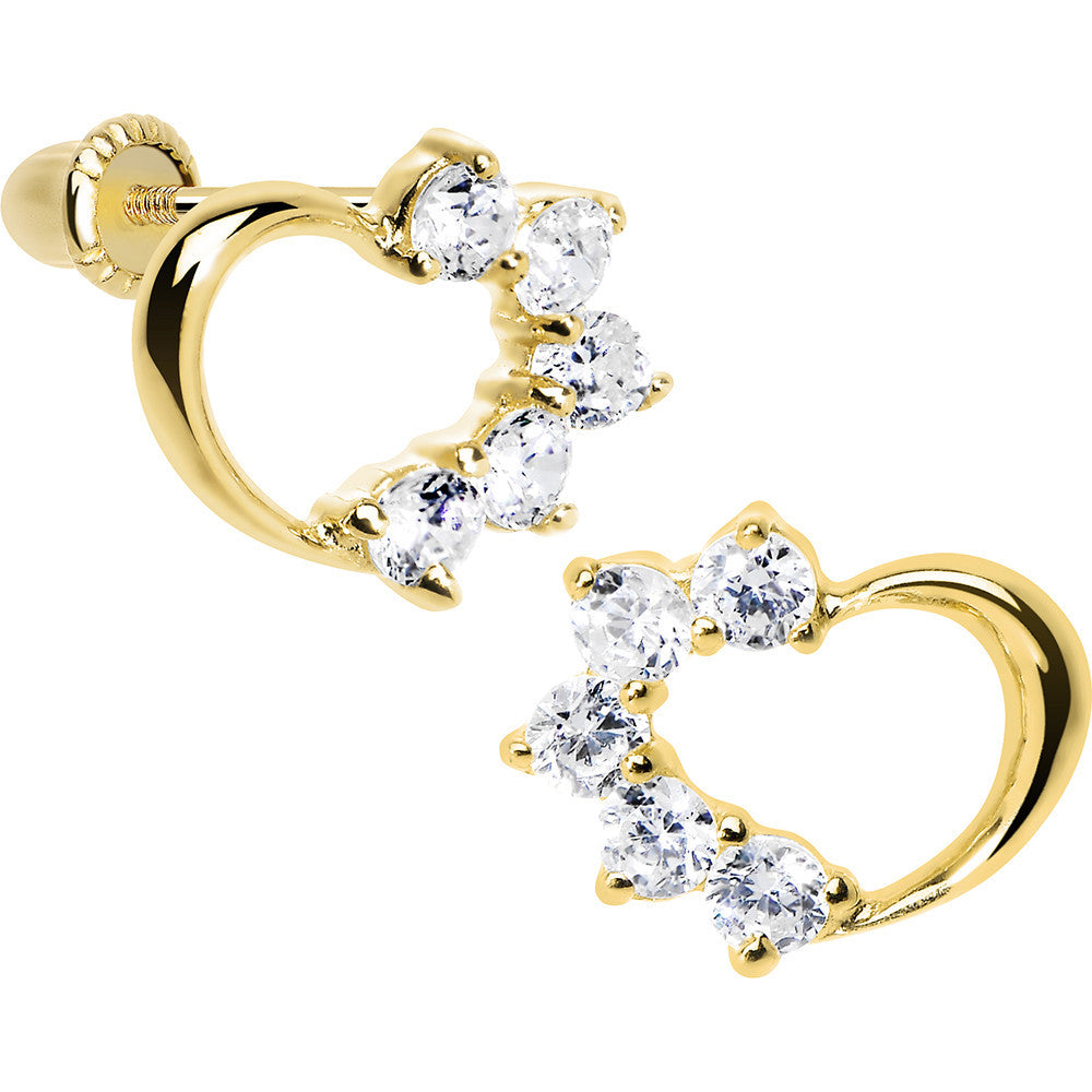 14K Yellow Gold Hollow Heart Half CZ Youth Screwback Earrings