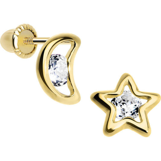 14K Yellow Gold Hollow Star and Moon CZ Youth Screwback Earrings