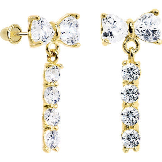 14K Yellow Gold Clear CZ Bow Drop Dangle Youth Screwback Earrings