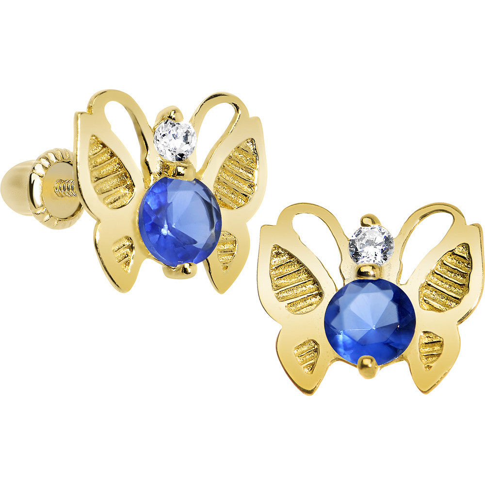 14K Yellow Gold Butterfly Blue CZ Youth Screwback Earrings