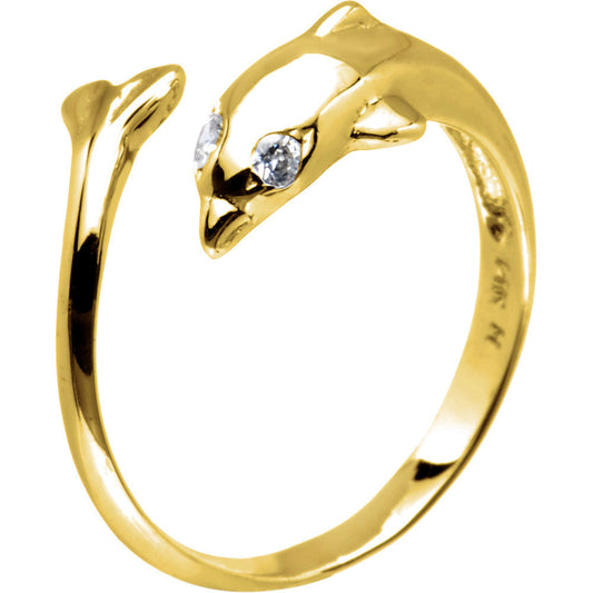 Solid 14k Yellow Gold .02 Carat Genuine Diamond Dolphin Toe Ring