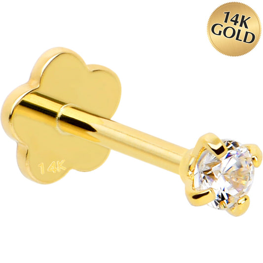 14k Yellow Gold Flat Back Earring 20G 2mm CZ Floral Reversible