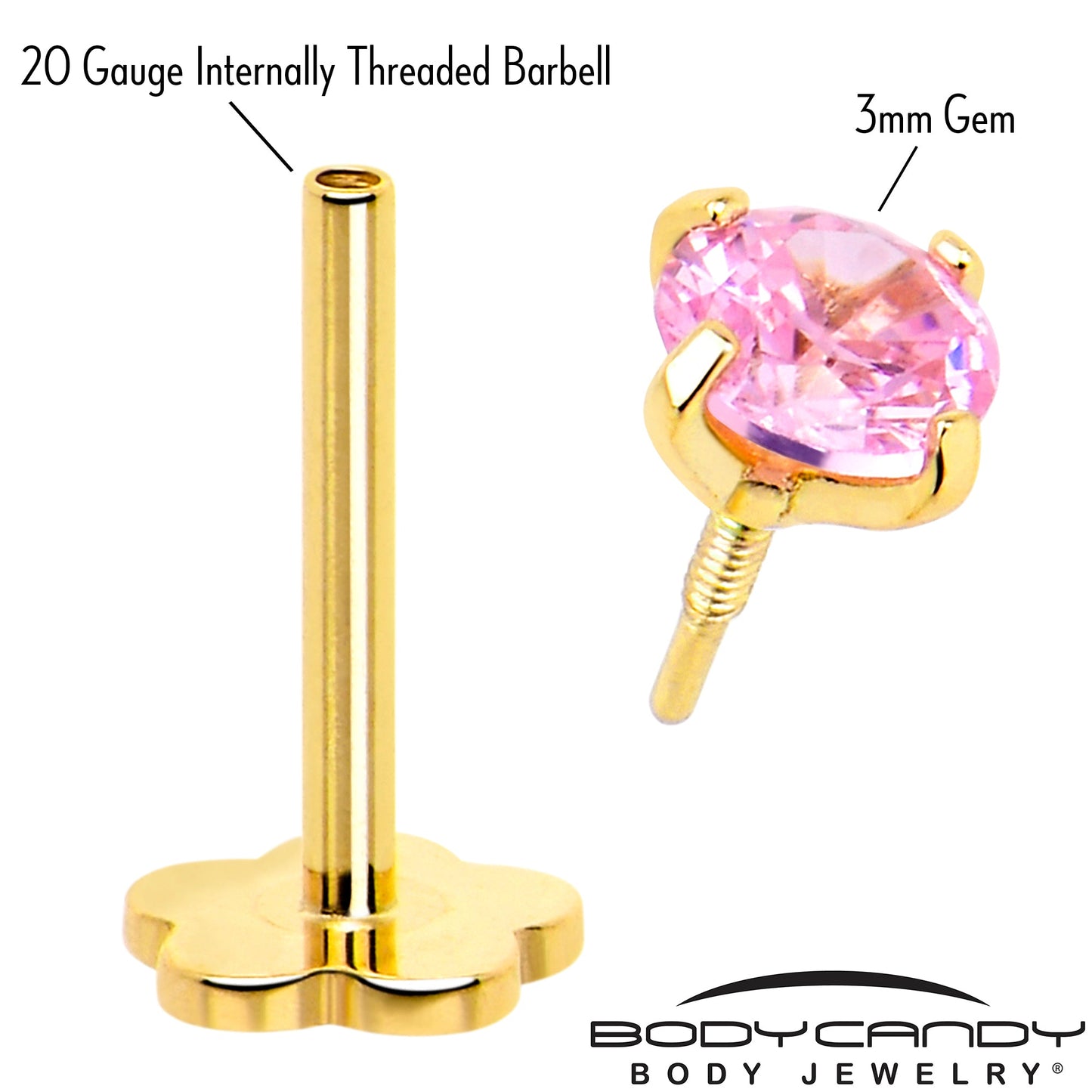 14k Yellow Gold Flat Back Earring 20G 4mm Pink CZ Floral Reversible