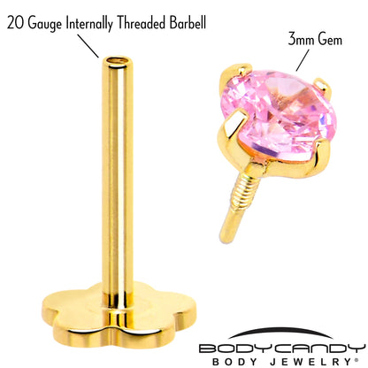 14k Yellow Gold Flat Back Earring 20G 4mm Pink CZ Floral Reversible