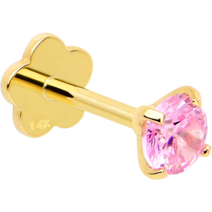 14k Yellow Gold Flat Back Earring 20G 4mm Pink CZ Floral Reversible