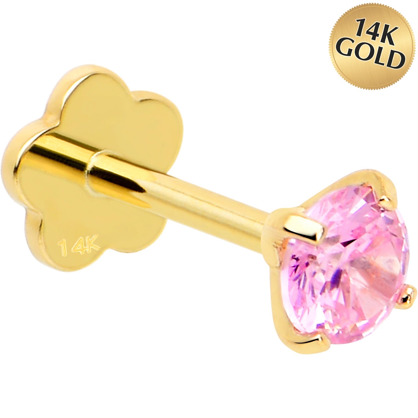 14k Yellow Gold Flat Back Earring 20G 4mm Pink CZ Floral Reversible