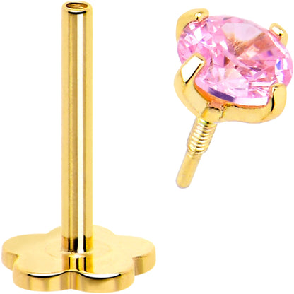14k Yellow Gold Flat Back Earring 20G 4mm Pink CZ Floral Reversible