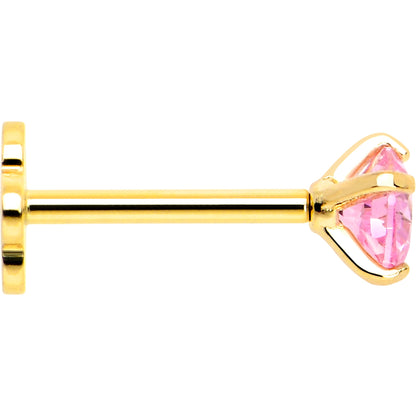 14k Yellow Gold Flat Back Earring 20G 4mm Pink CZ Floral Reversible