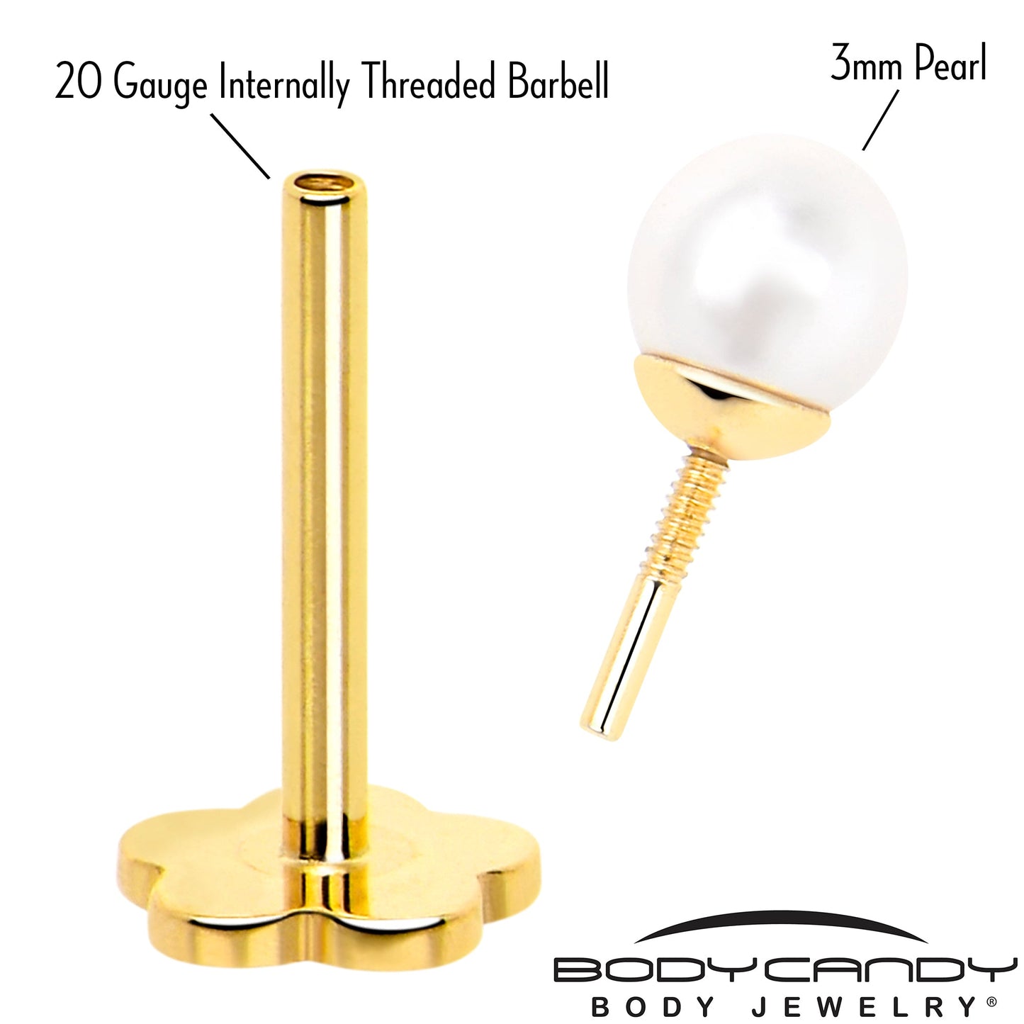 14k Yellow Gold Flat Back Earring 20G 3mm Faux Pearl Floral Reversible