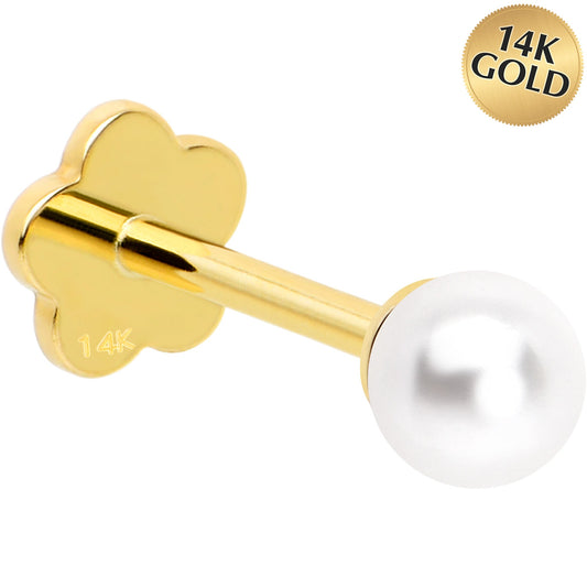 14k Yellow Gold Flat Back Earring 20G 3mm Faux Pearl Floral Reversible