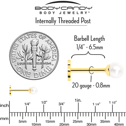 14k Yellow Gold Flat Back Earring 20G 3mm Faux Pearl Floral Reversible