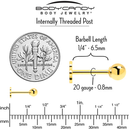 14k Yellow Gold Flat Back Earring 20G 3mm Ball Floral Reversible