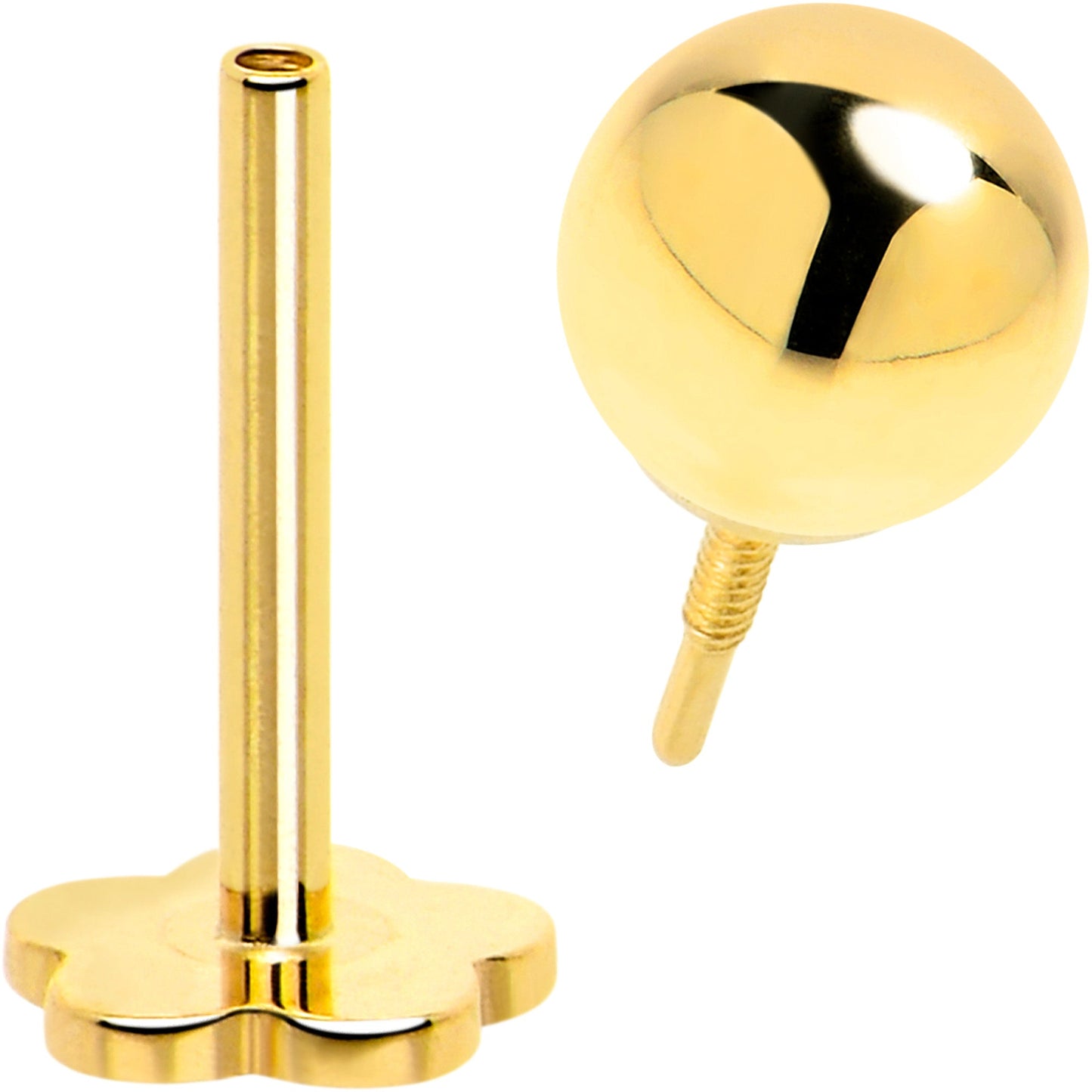 14k Yellow Gold Flat Back Earring 20G 4mm Ball Floral Reversible