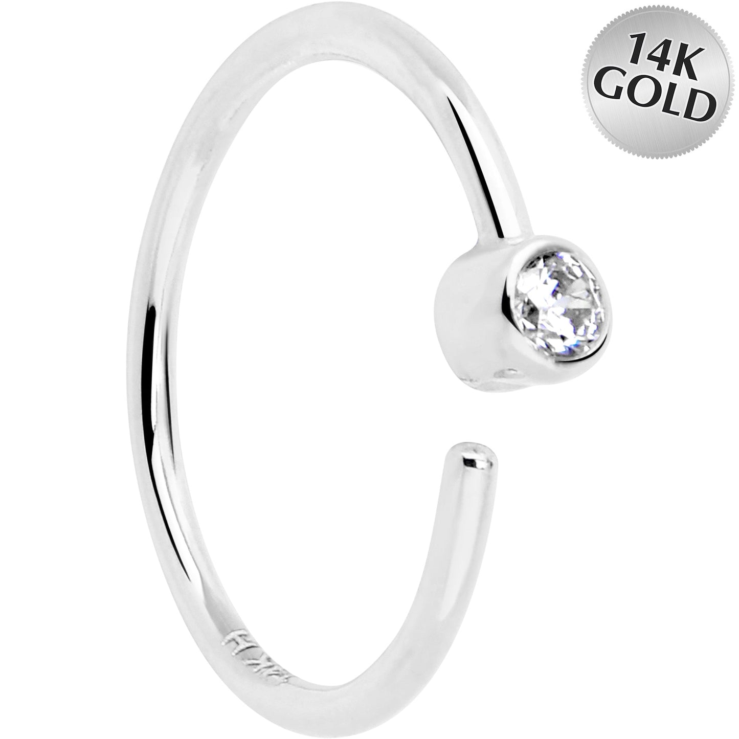 14k Solid White Gold Bendable Nose Hoop 22G 5/16 with Bezel CZ