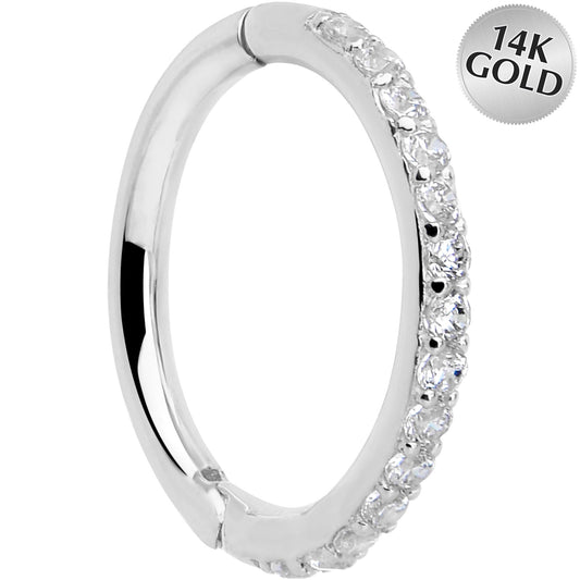 14k Solid White Gold Hinged Segment Ring Forward Facing CZ 18G 5/16
