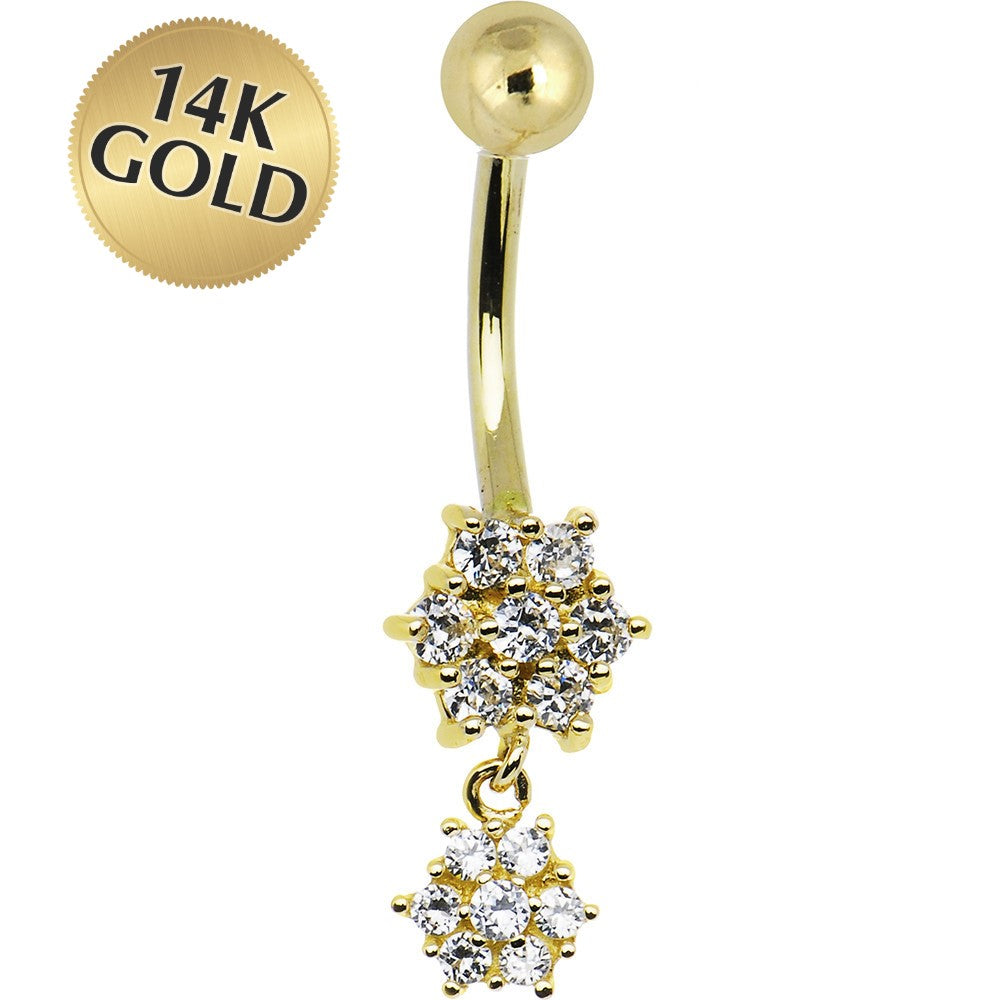 16G Solid 14k Yellow Gold Cubic Zirconia Dangle Flower Belly Ring
