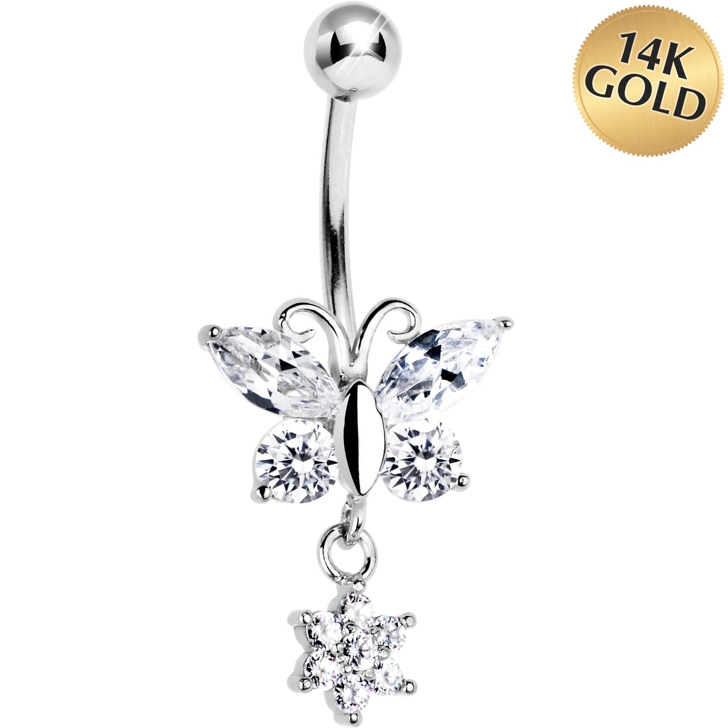 16G Solid 14k White Gold CZ Flower Butterfly Belly Ring