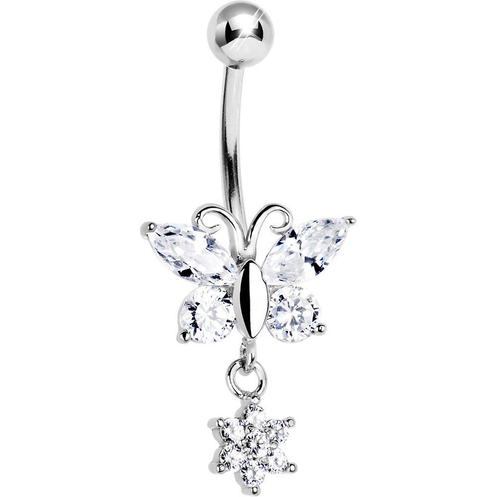 16G Solid 14k White Gold CZ Flower Butterfly Belly Ring