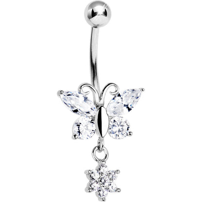 16G Solid 14k White Gold CZ Flower Butterfly Belly Ring