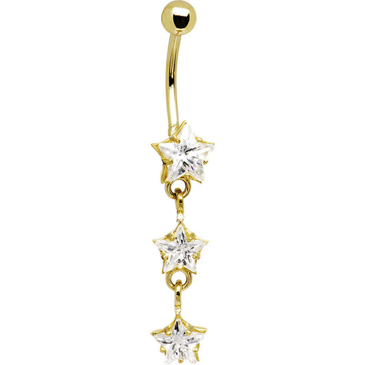 16G Solid 14k Yellow Gold Zirconia Trio Star Belly Ring