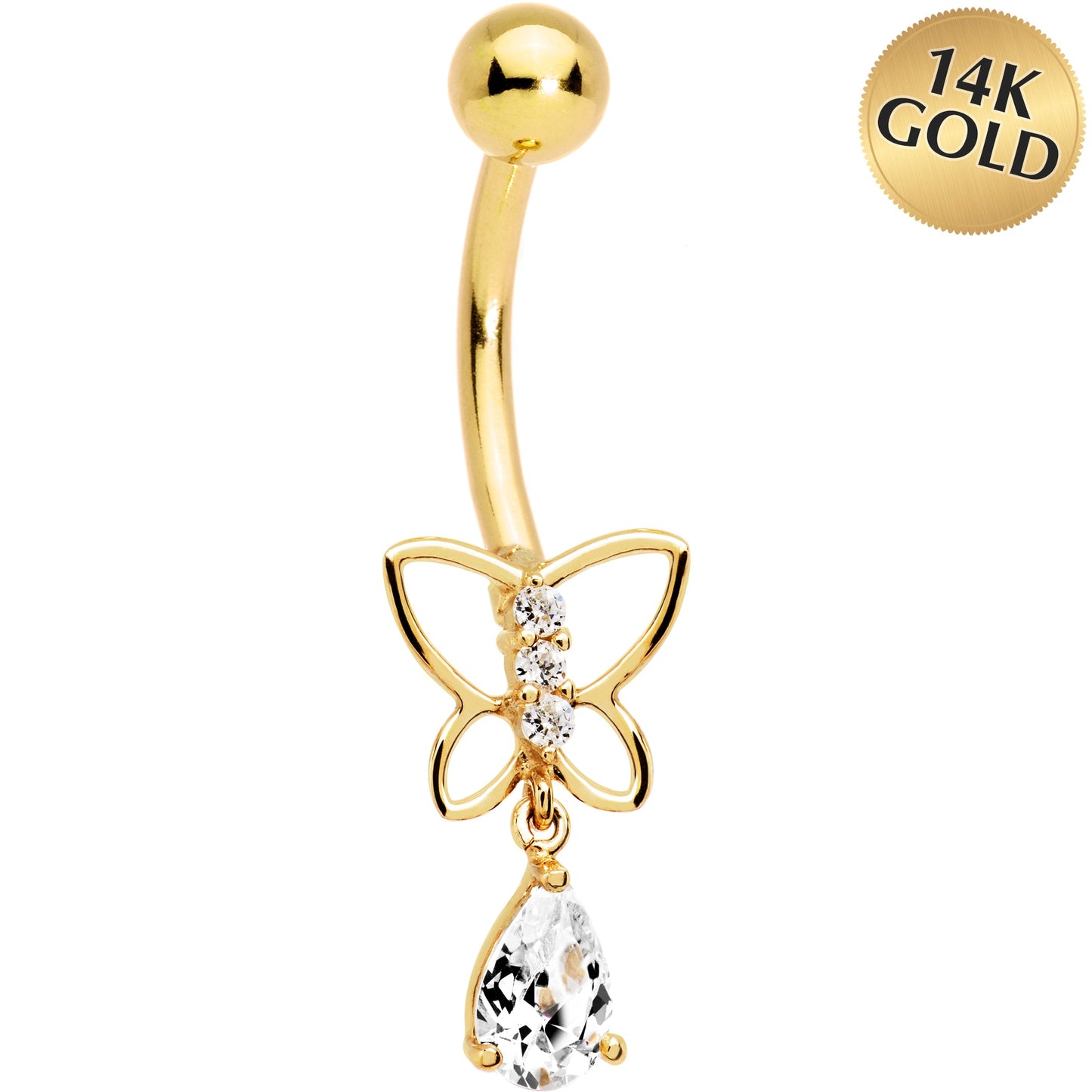 16G Solid 14k Yellow Gold Butterfly Teardrop Belly Ring