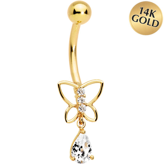 16G Solid 14k Yellow Gold Butterfly Teardrop Belly Ring