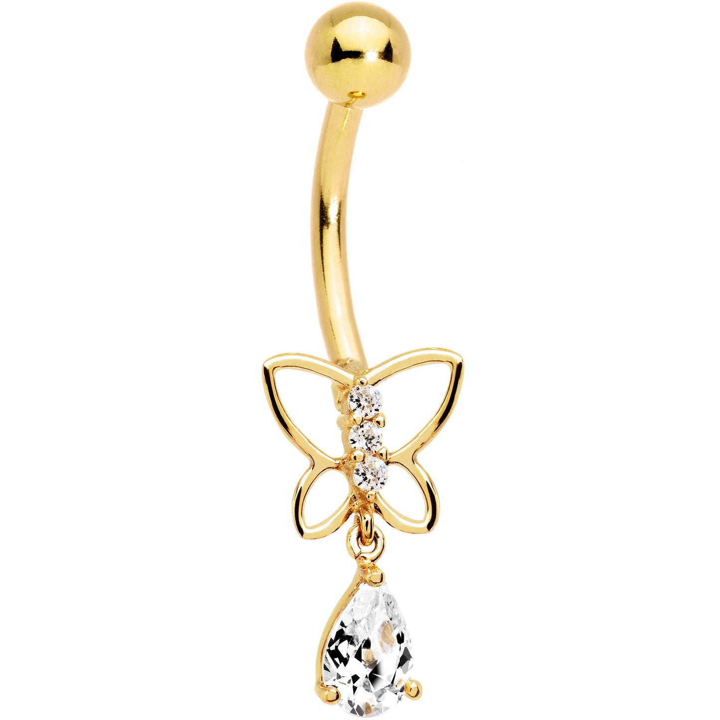 16G Solid 14k Yellow Gold Butterfly Teardrop Belly Ring