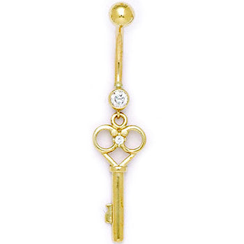 16G Solid 14K Yellow Gold Cubic Zirconia SKELETON KEY Belly Ring