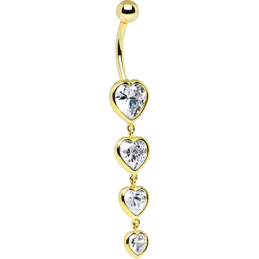 16G Solid 14k Yellow Gold Zirconia Quadruplet Heart Belly Ring