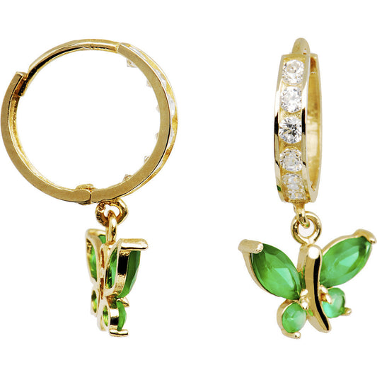 14k Yellow Gold Emerald CZ Butterfly Huggy Earrings