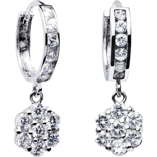 14k White Gold CZ Flower Huggy Earrings 8mm