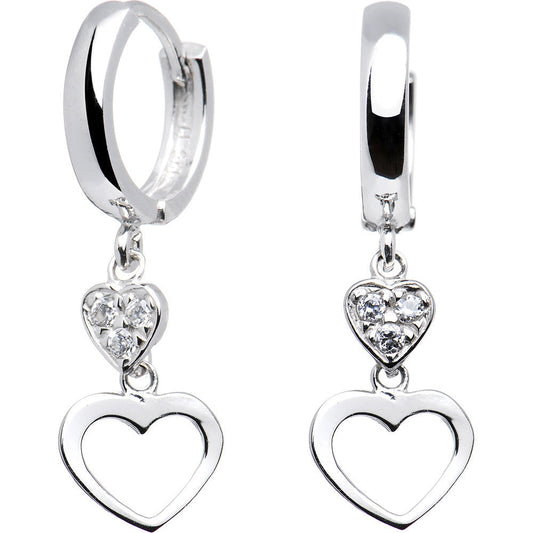 14k White Gold CZ  Dual Heart Huggy Earrings