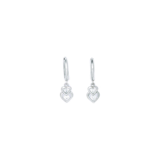 14k White Gold CZ  Heart Duet Huggy Earrings