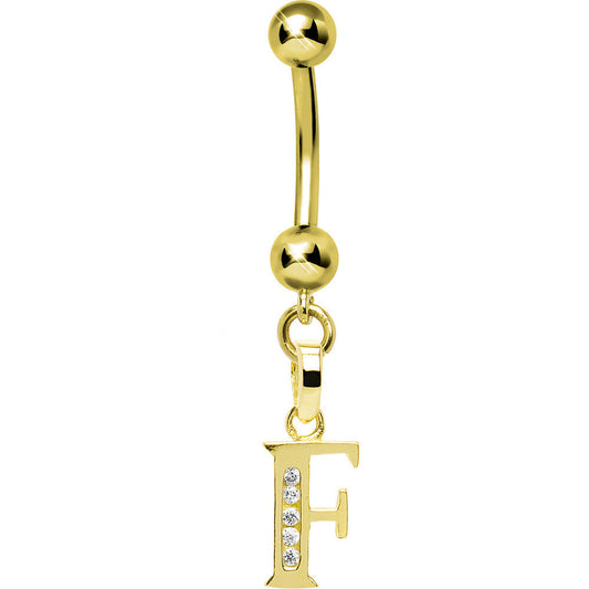 16G Solid 14k Yellow Gold CZ Initial F Belly Ring