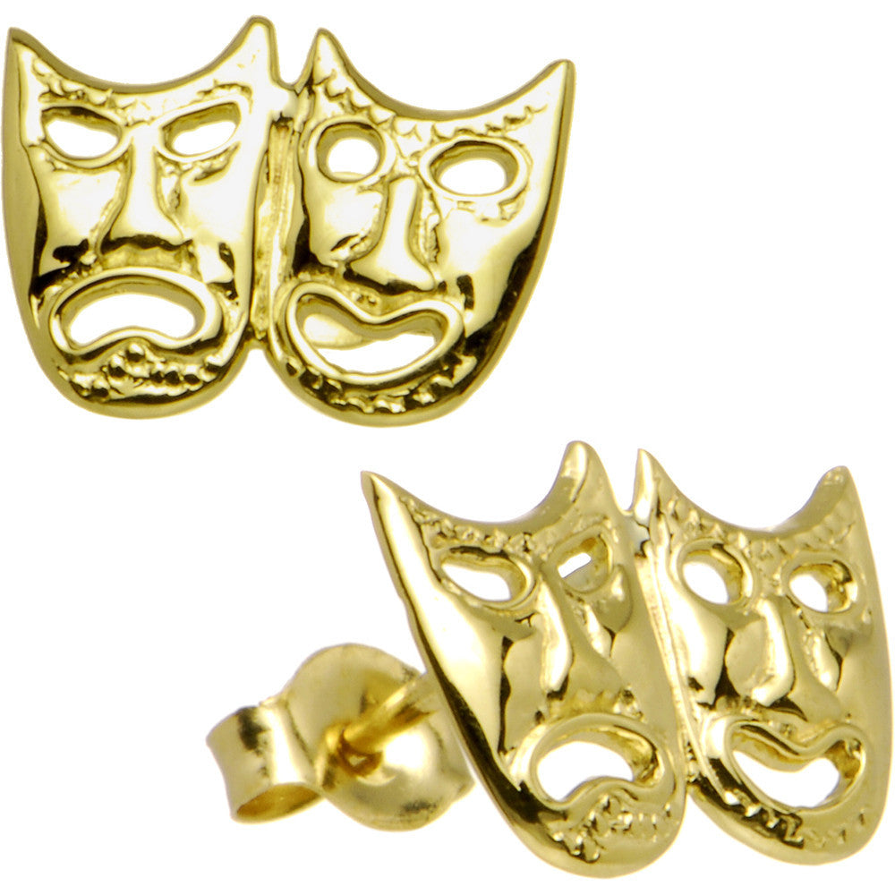 14k Yellow Gold Drama Theatre Mask Stud Earrings
