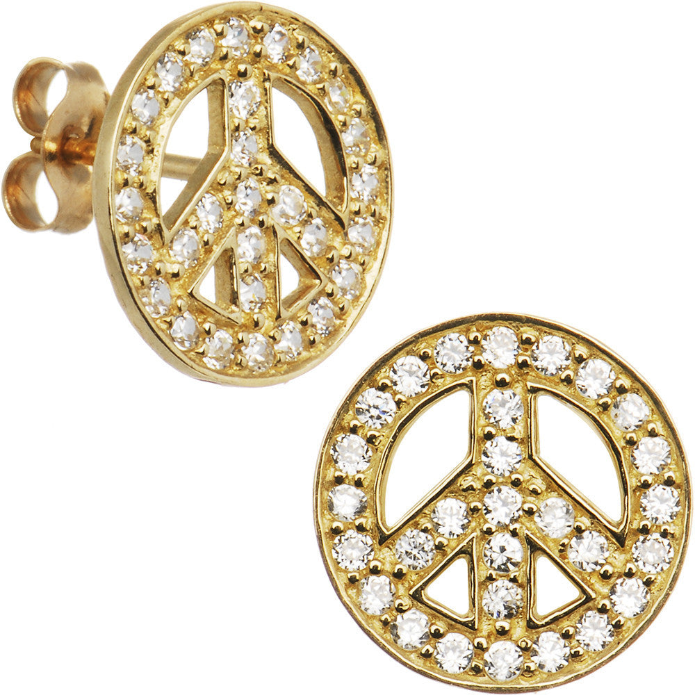 14k Yellow Gold CZ Paved Peace Sign Stud Earrings
