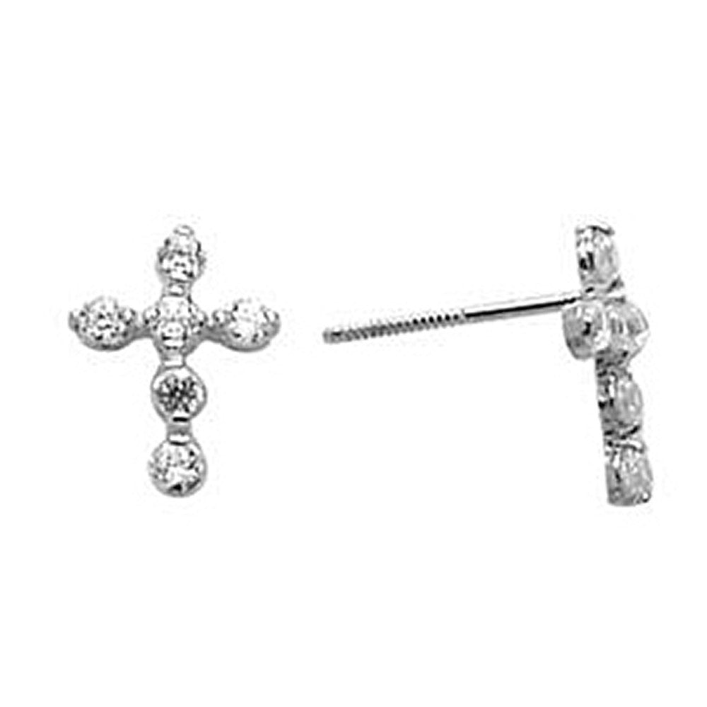 14k White Gold Cubic Zirconia Cross Stud Earrings