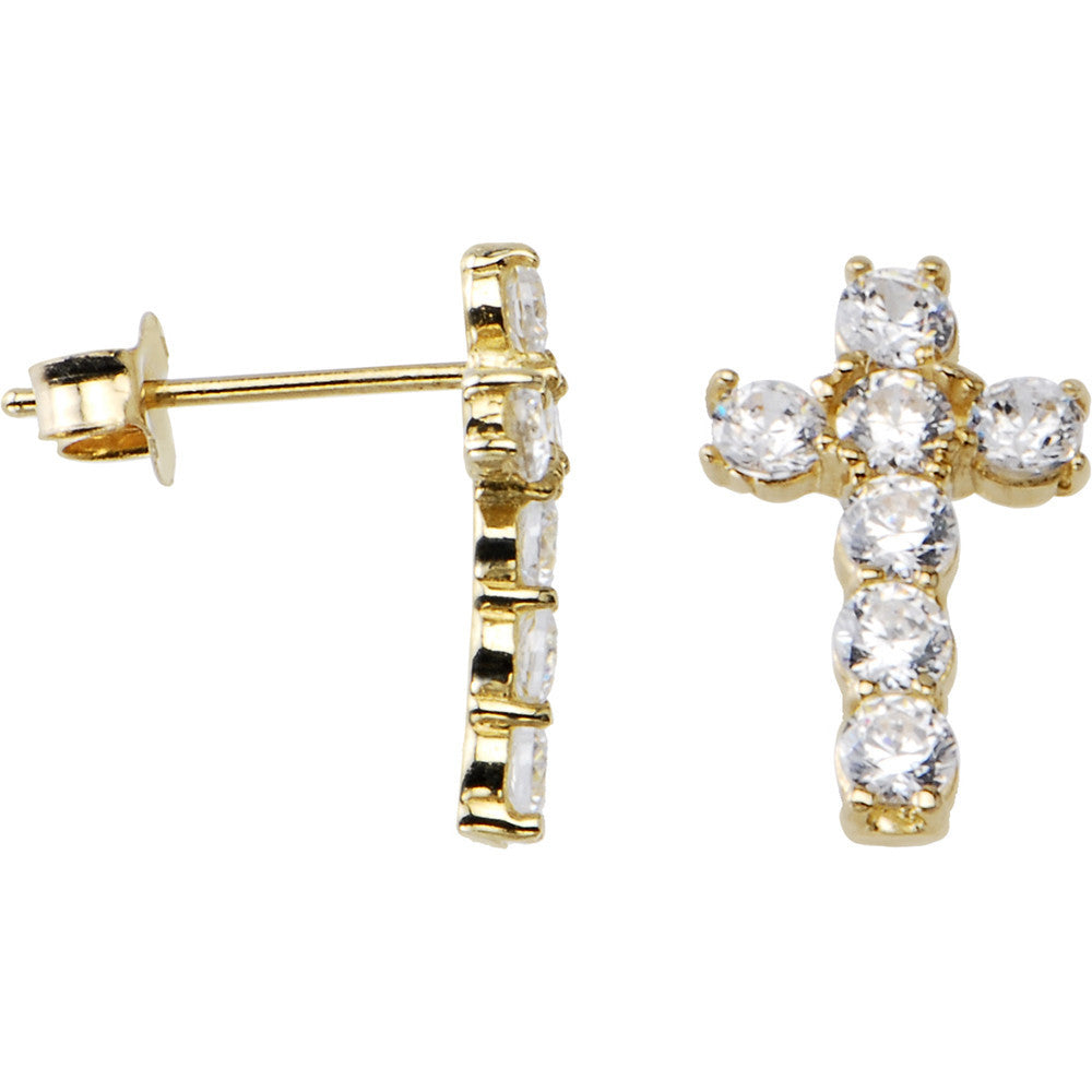 14k Yellow Gold CZ Cross Stud Earrings
