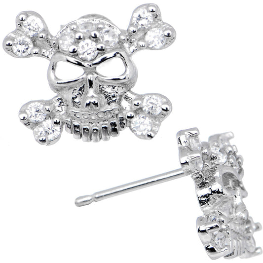 14k White Gold 6mm CZ Skull Crossbones Stud Earrings