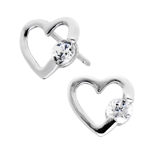 14k White Gold CZ Hollow Heart Stud Earrings 7mm