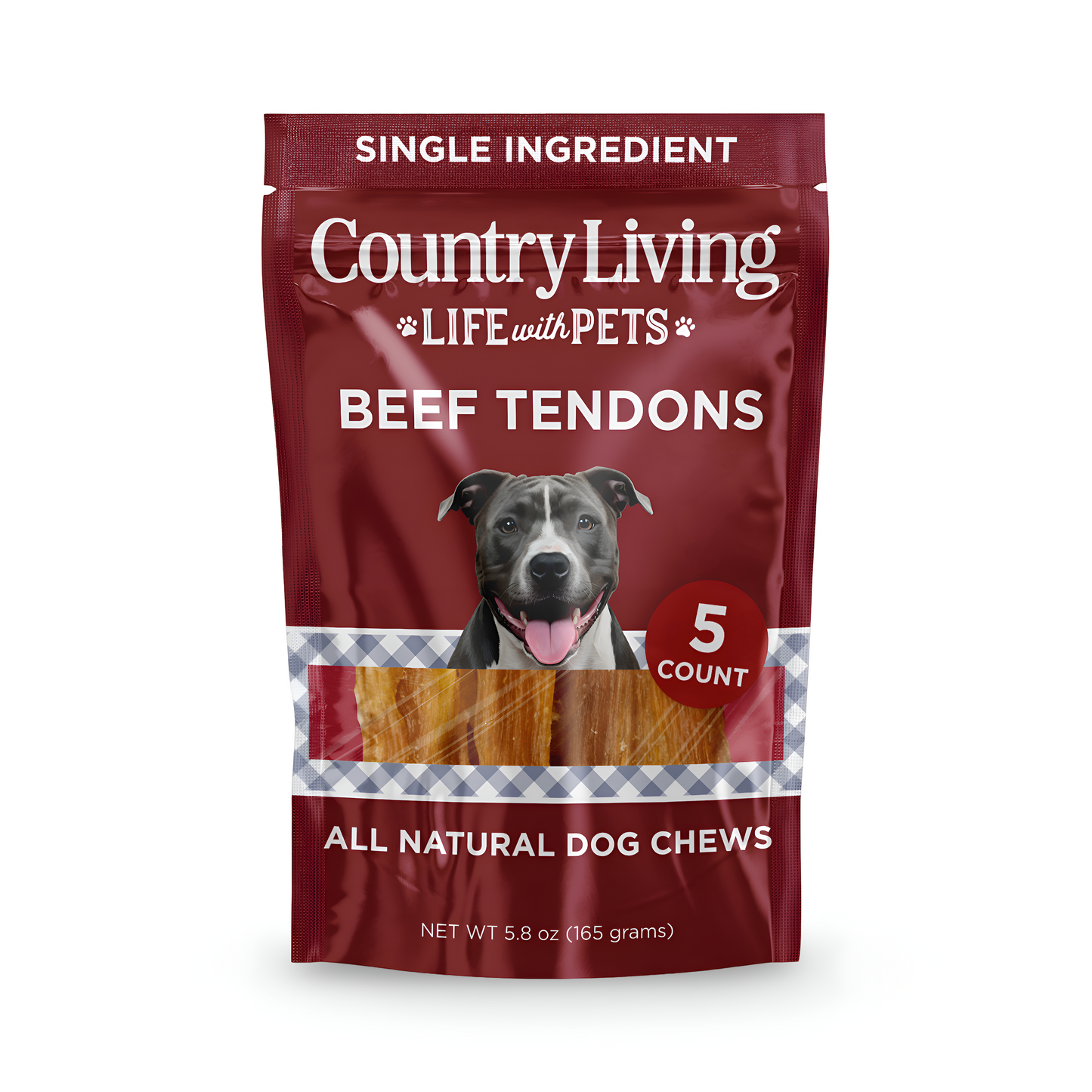 Country Living 4”-7” Beef Backstrap Tendon Dog Chews – 5 Count Bag – All-Natural, Long-Lasting, High-Protein Dog Treats – Single-Ingredient, Grain-Free