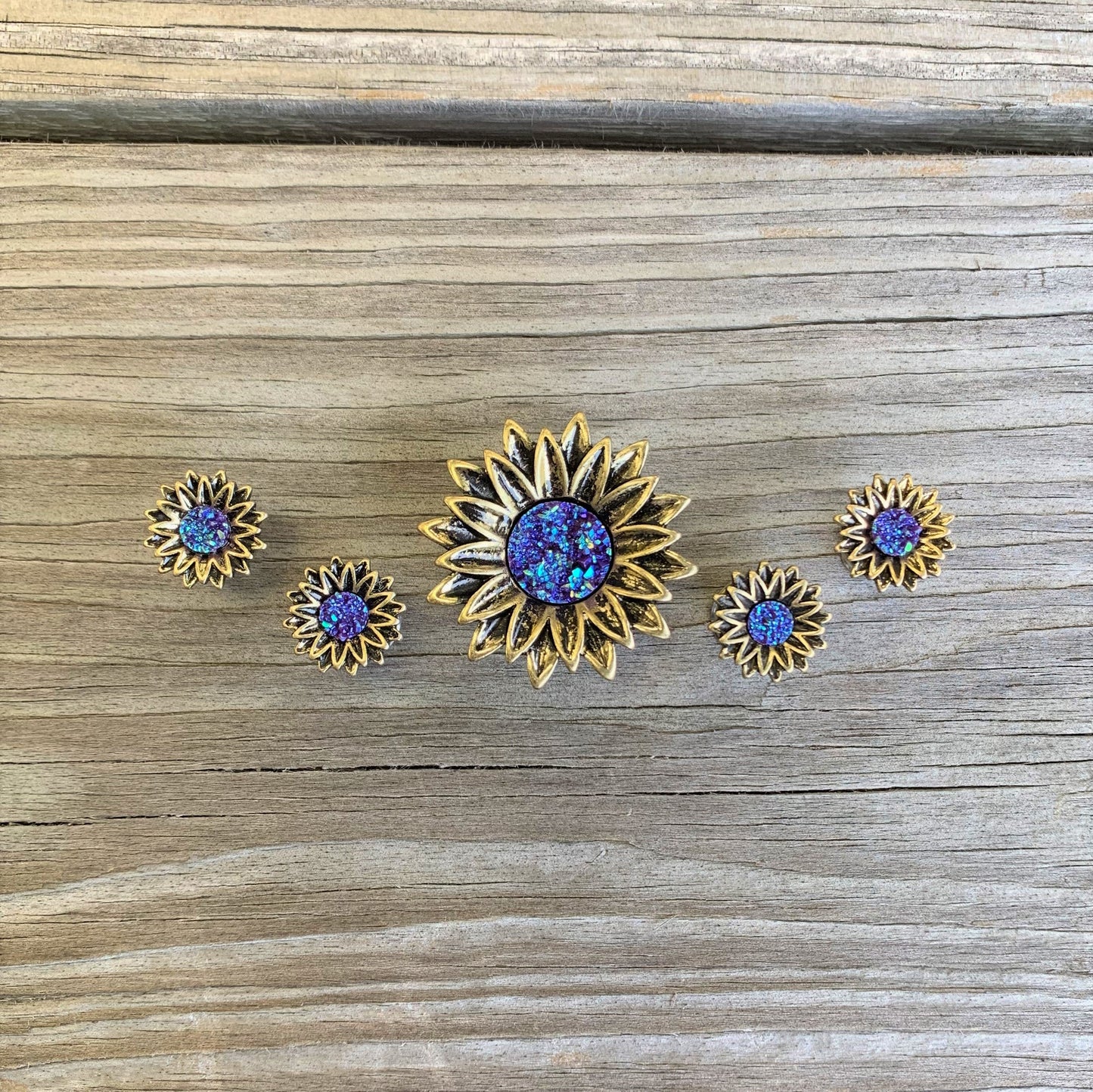 Blue Faux Druzy Sunburst Flower Double Flare Plug Set 2G to 1"