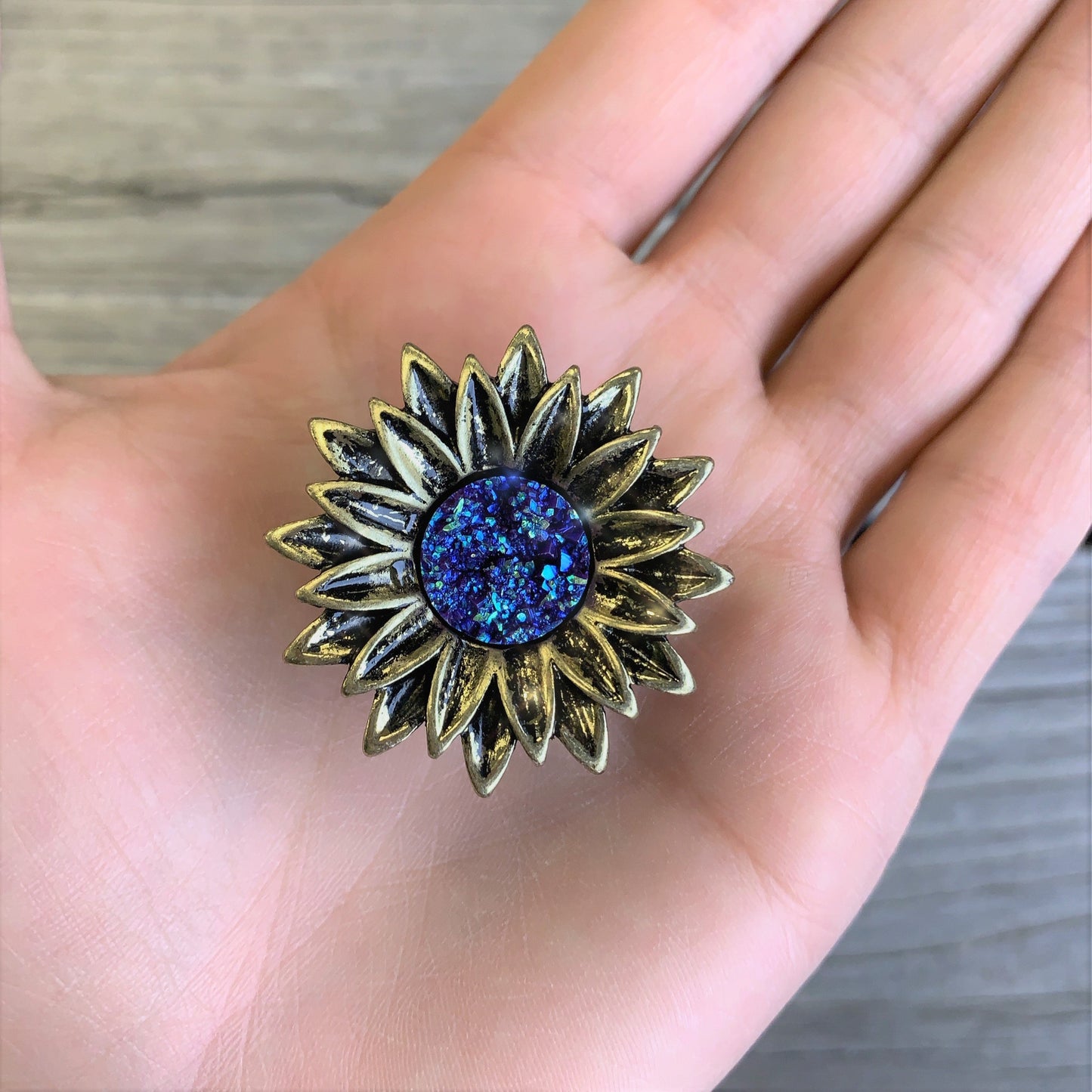 Blue Faux Druzy Sunburst Flower Double Flare Plug Set 2G to 1"