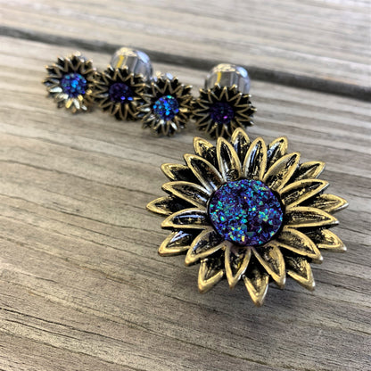 Blue Faux Druzy Sunburst Flower Double Flare Plug Set 2G to 1"