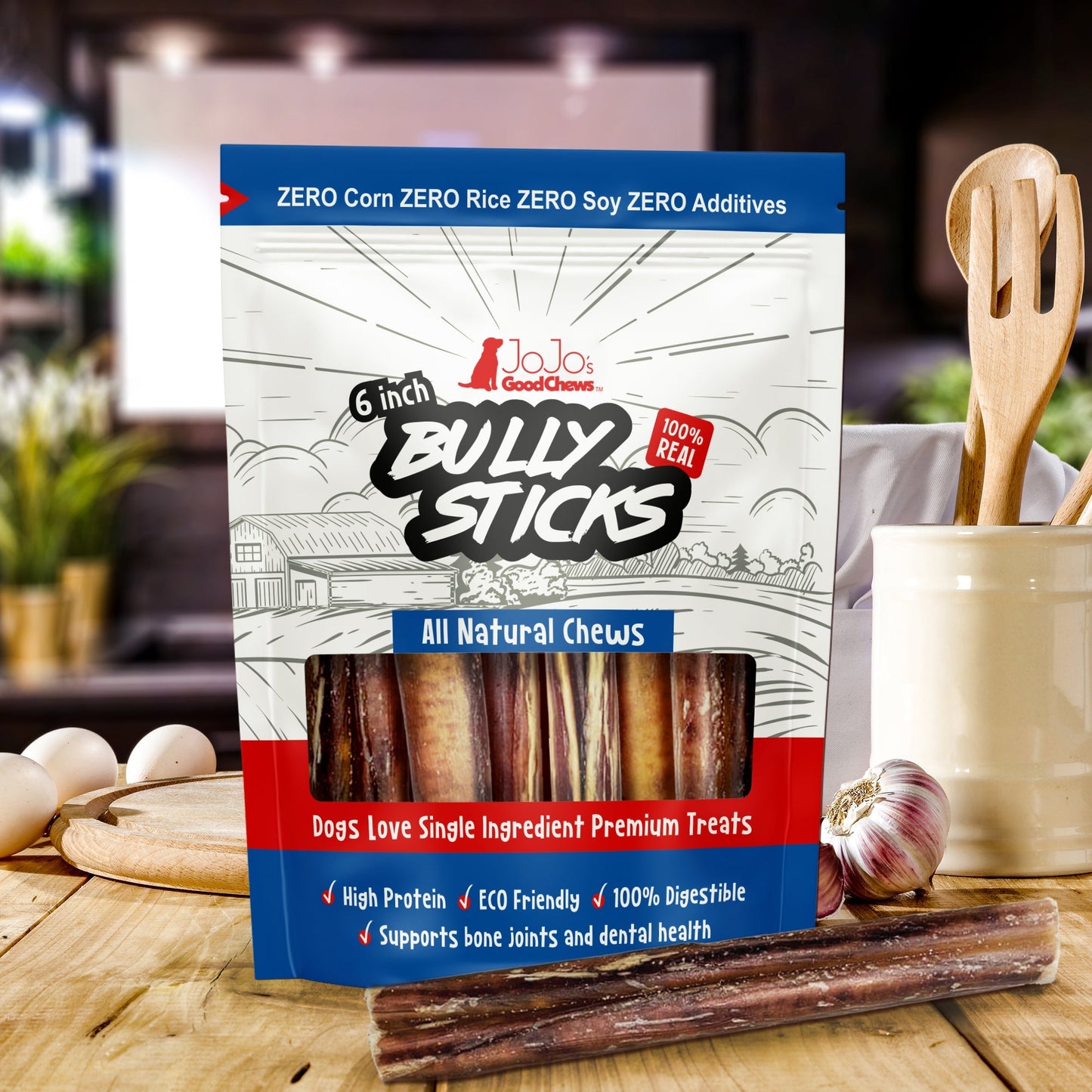 All-Natural Beef Bully Stick Dog Treats, High Protein & Long-Lasting Chews – 6-Inch Thick (3-Pack)