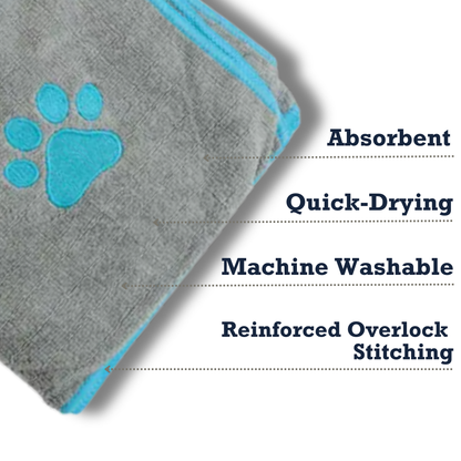 Country Living Large Gray Microfiber Dog Bath Towel with Teal Embroidered Paw Print