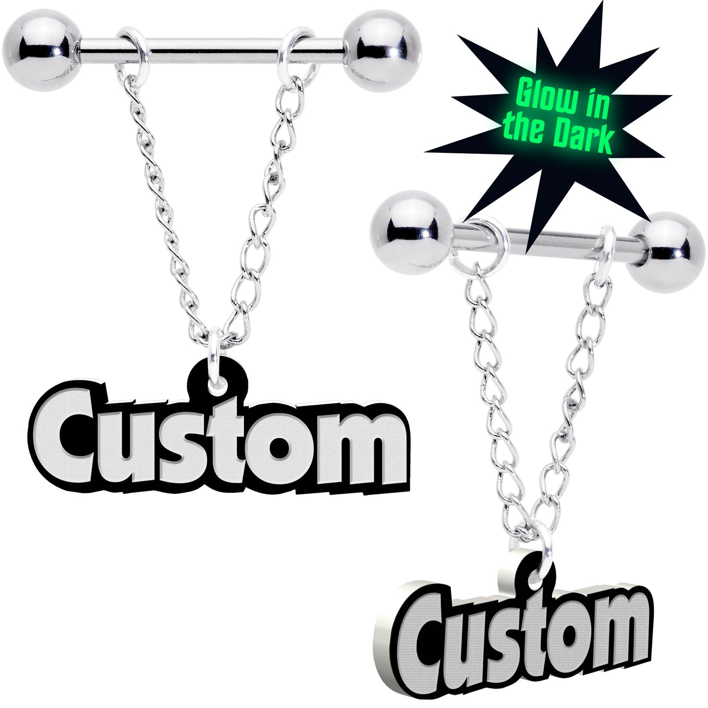 Custom Glow in the Dark Chain Personalized Name Dangle Nipple Ring Set