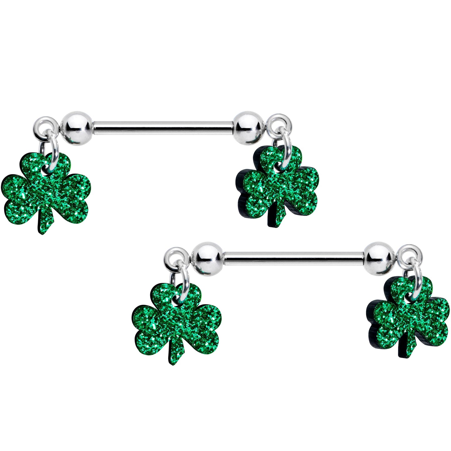 14G 5/8 Green Glitter St Patricks Day Shamrock Nipple Ring Set